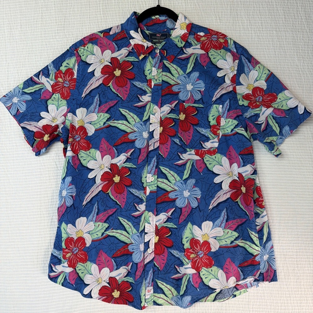 Vineyard Vines Shirt Mens XL Blue Floral Slim Fit Murray Short Sleeve Resort